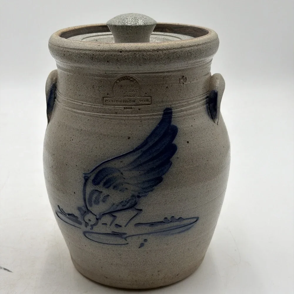 Vintage 1985 Rowe Pottery Works Canister Crock W/Lid Chicken Pecking